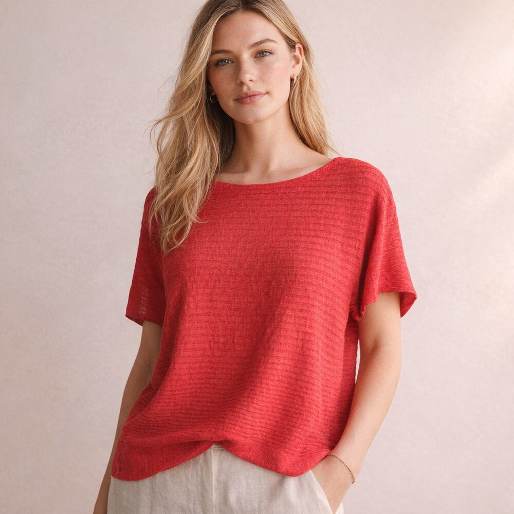 Eileen Fisher Top Womens S Pink Boatneck Organic Linen Cotton Textured Lagenlook